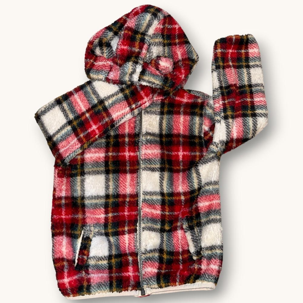 Old Navy Toddler Fleece Red Green Plaid Bear Ear Hooded‎ Jacket Zip Up Size 5T